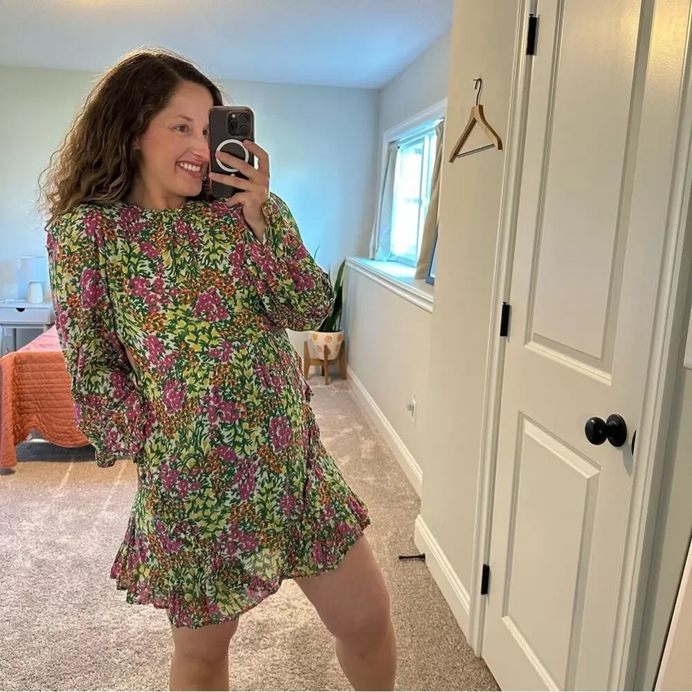 Tuckernuck Banjanan Green Pink Botanical Floral Cotton Long Sleeve Mini Dress S